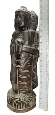 Vintage 18-Inch Thai Buddha Statue Hand-Carved Wood Anjali Mudra Mid Century - Thumbnail 12