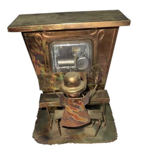 Antique Oxidized Copper Mechanical Music Box with Figure - Image 1