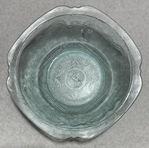 Vintage Light Green/Blue Depression Glass Bowl with Floral Motifs Etched Pattern - Image 1
