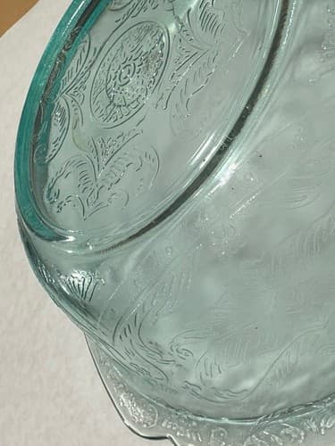 Vintage Light Green/Blue Depression Glass Bowl with Floral Motifs Etched Pattern - Thumbnail 10