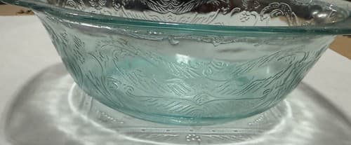 Vintage Light Green/Blue Depression Glass Bowl with Floral Motifs Etched Pattern - Thumbnail 3
