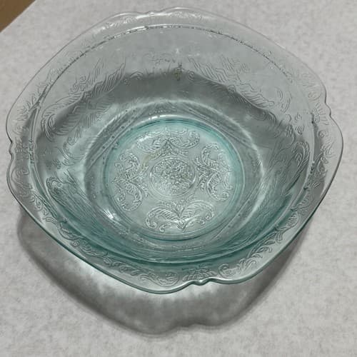 Vintage Light Green/Blue Depression Glass Bowl with Floral Motifs Etched Pattern - Thumbnail 2