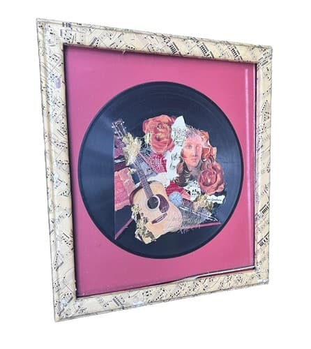 Lori Goodwin Collage Art 3D Mixed Media Guitar Rose Record Framed Music Sheet - Image 1