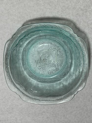 Vintage Light Green/Blue Depression Glass Bowl with Floral Motifs Etched Pattern - Thumbnail 8