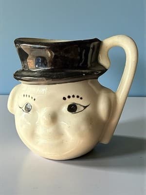 Vintage Snowman Head Creamer Mug Candy Cane Handle Top Hat - Image 1