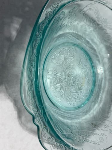 Vintage Light Green/Blue Depression Glass Bowl with Floral Motifs Etched Pattern - Thumbnail 5