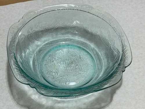 Vintage Light Green/Blue Depression Glass Bowl with Floral Motifs Etched Pattern - Thumbnail 9