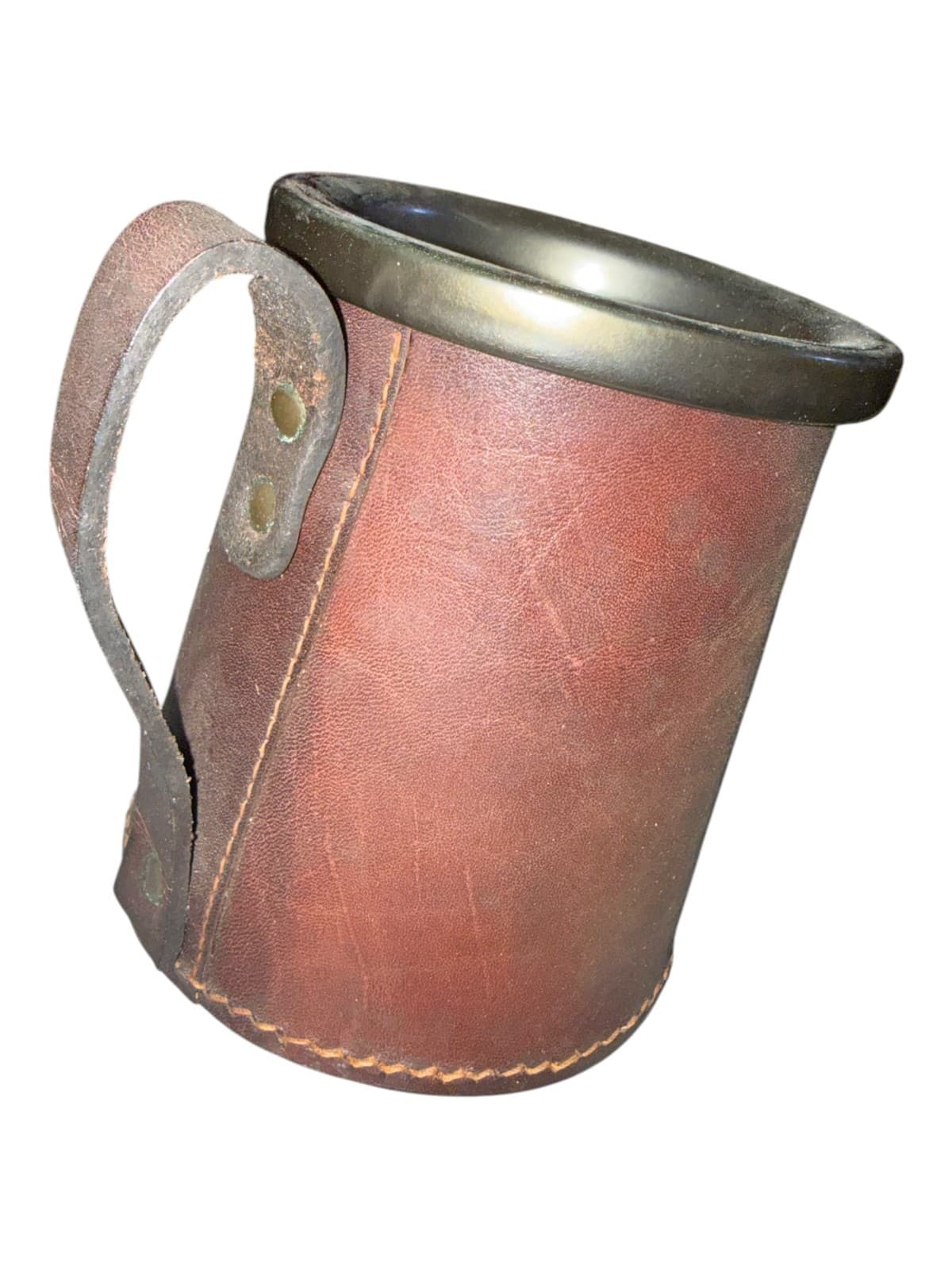 Vintage Real Hide Leather Wrapped Ceramic Beer Coffee Colonial Mug Stein - Thumbnail 2