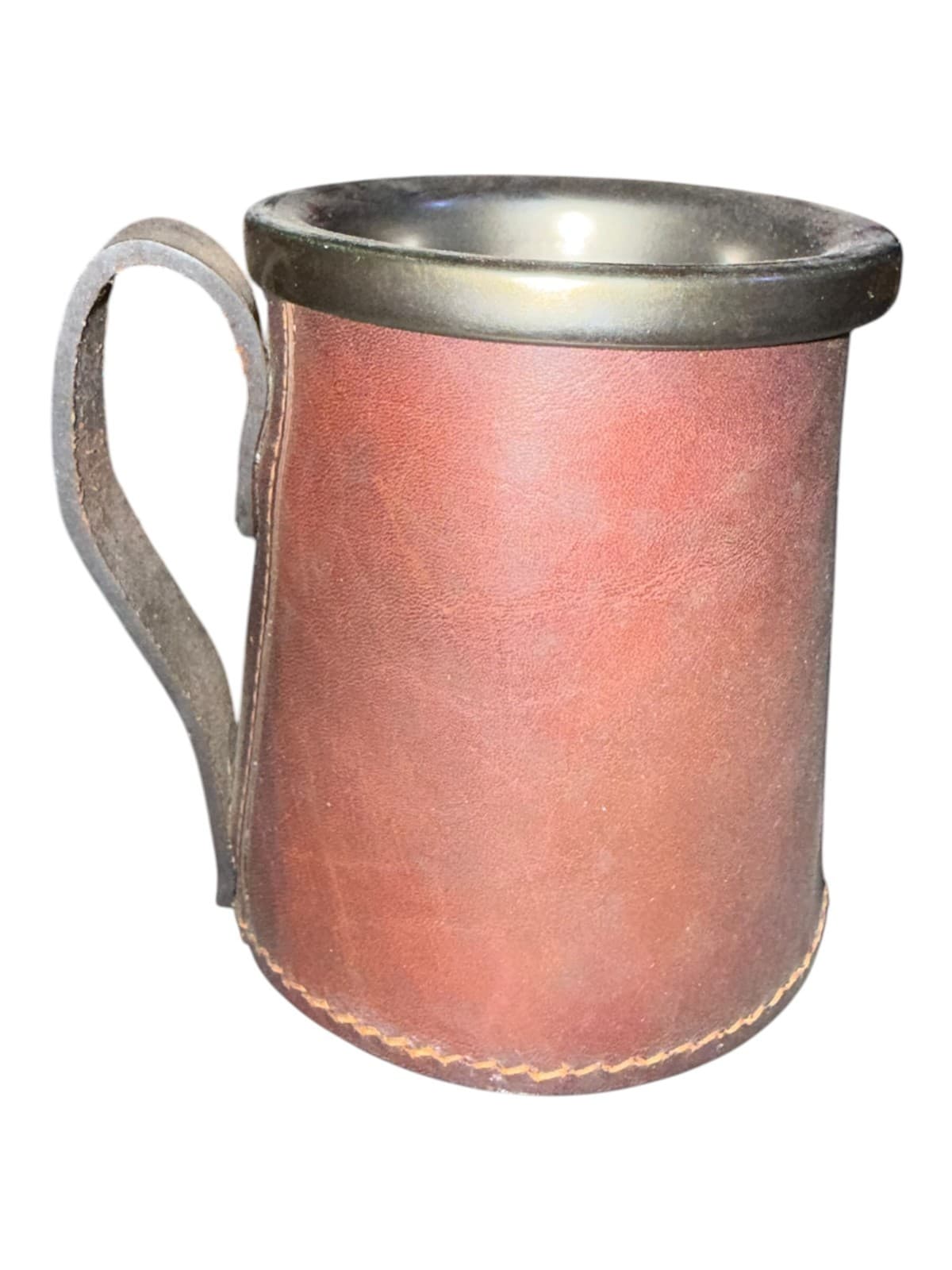 Vintage Real Hide Leather Wrapped Ceramic Beer Coffee Colonial Mug Stein - Image 1