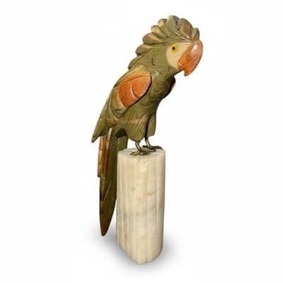 Hand-Carved Oaxacan Mexican Stone Parrot Sculpture on Onyx Base - Image 1