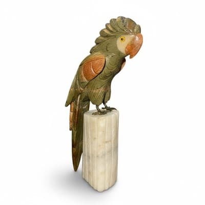 Hand-Carved Oaxacan Mexican Stone Parrot Sculpture on Onyx Base - Thumbnail 2