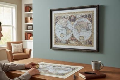 Vintage Style World Map Framed 30x24 Double Hemisphere Old World Décor - Thumbnail 2