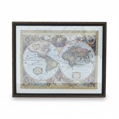 Vintage Style World Map Framed 30x24 Double Hemisphere Old World Décor - Image 1