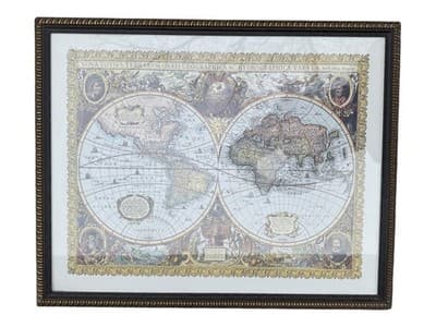 Vintage Style World Map Framed 30x24 Double Hemisphere Old World Décor - Thumbnail 7
