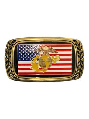Vintage USMC Belt Buckle American Flag Eagle Globe Anchor Solid Brass 1980 - Thumbnail 2
