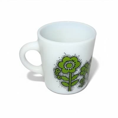 Vintage Fire-King Milk Glass Green Floral Coffee Mug Oven Proof USA - Image 1