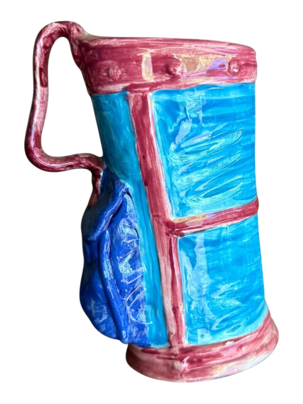 Vintage Pottery Golf Bag Ceramic Hand Painted Beer Mug Maroon Blue - Image 1