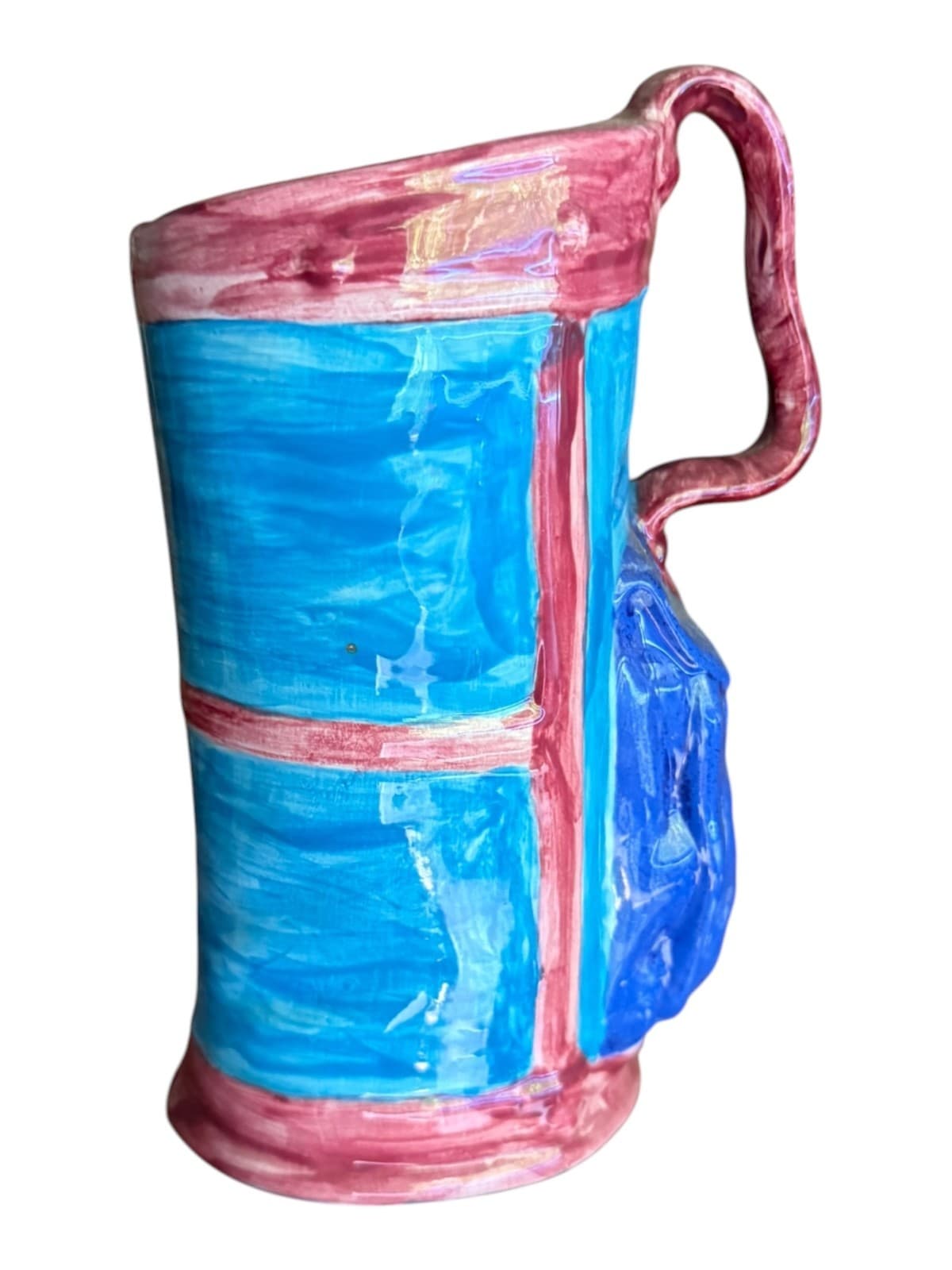 Vintage Pottery Golf Bag Ceramic Hand Painted Beer Mug Maroon Blue - Thumbnail 2