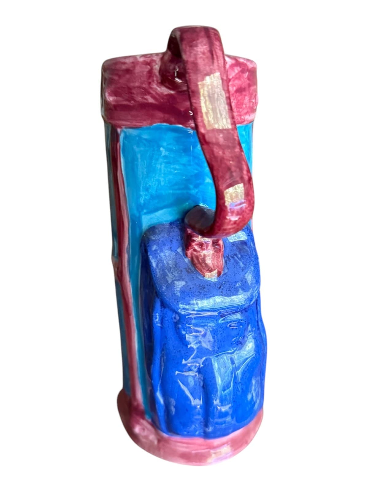 Vintage Pottery Golf Bag Ceramic Hand Painted Beer Mug Maroon Blue - Thumbnail 3