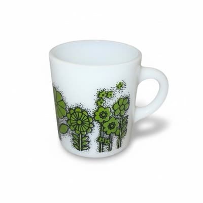 Vintage Fire-King Milk Glass Green Floral Coffee Mug Oven Proof USA - Thumbnail 2