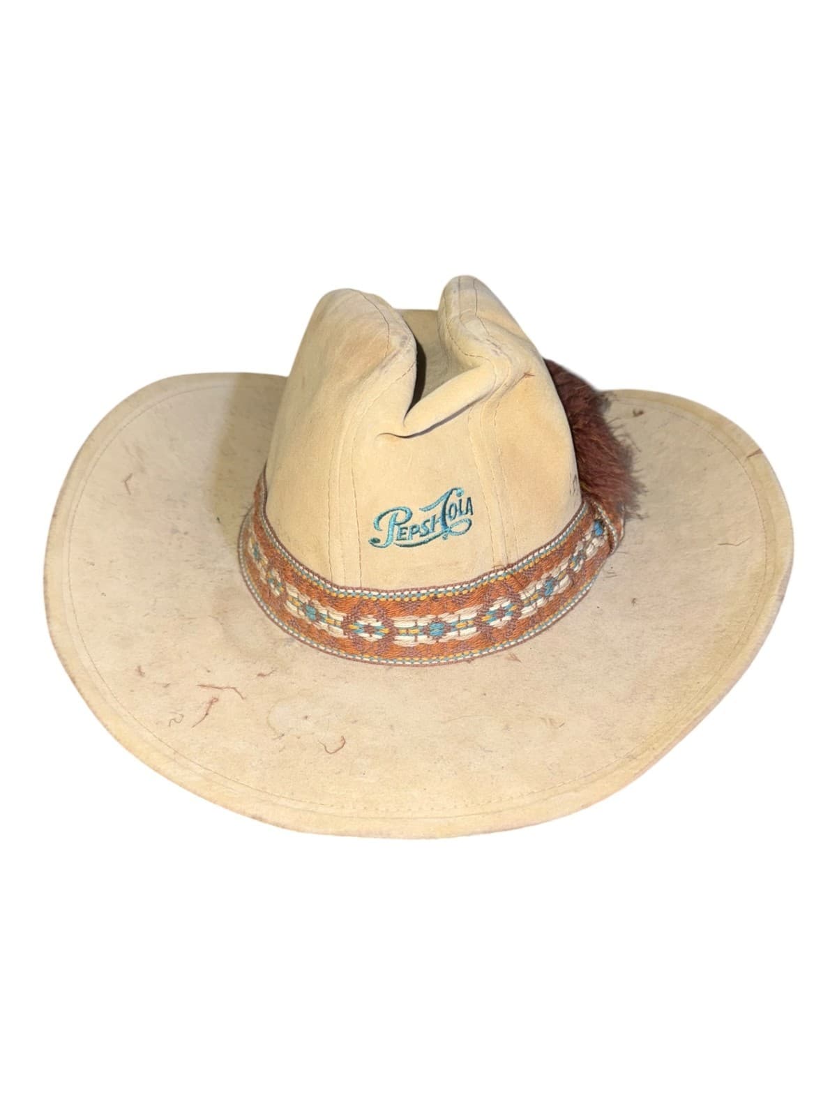 Vintage Pepsi Cola Cowboy Hat Medium Beige Western Boho Feather - Image 1