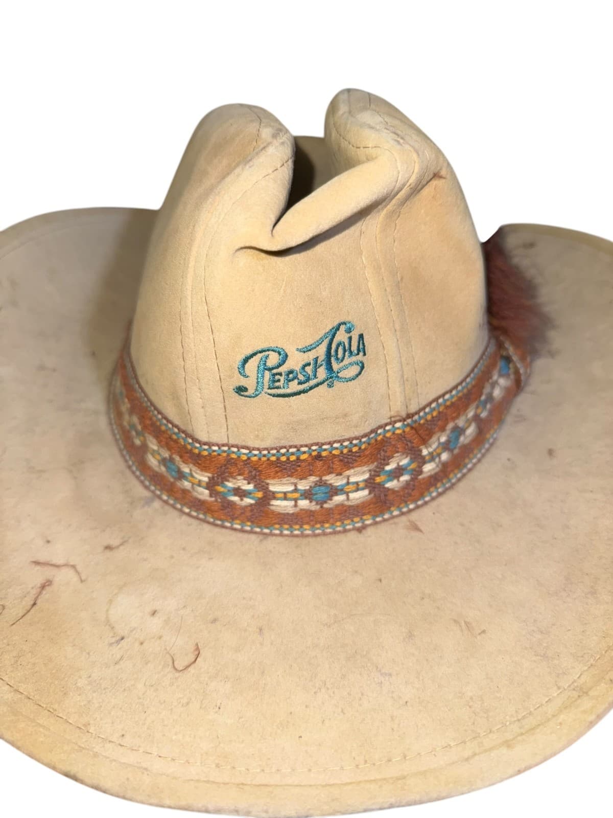 Vintage Pepsi Cola Cowboy Hat Medium Beige Western Boho Feather - Thumbnail 2