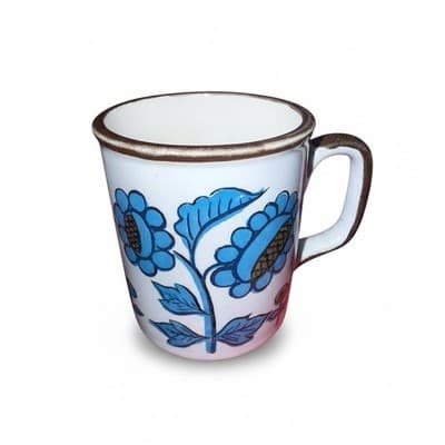 Vintage Blue & White Floral Ceramic Mug Cup Brown Rim Classic Coffee Tea Mug - Image 1