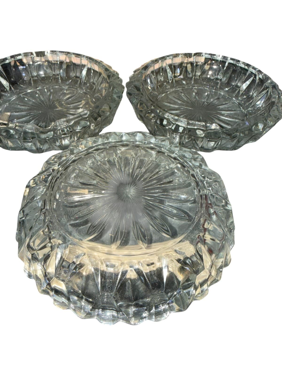 Set of 3 Vintage Ashtray Clear Glass Crystal Cut Starburst - Thumbnail 4