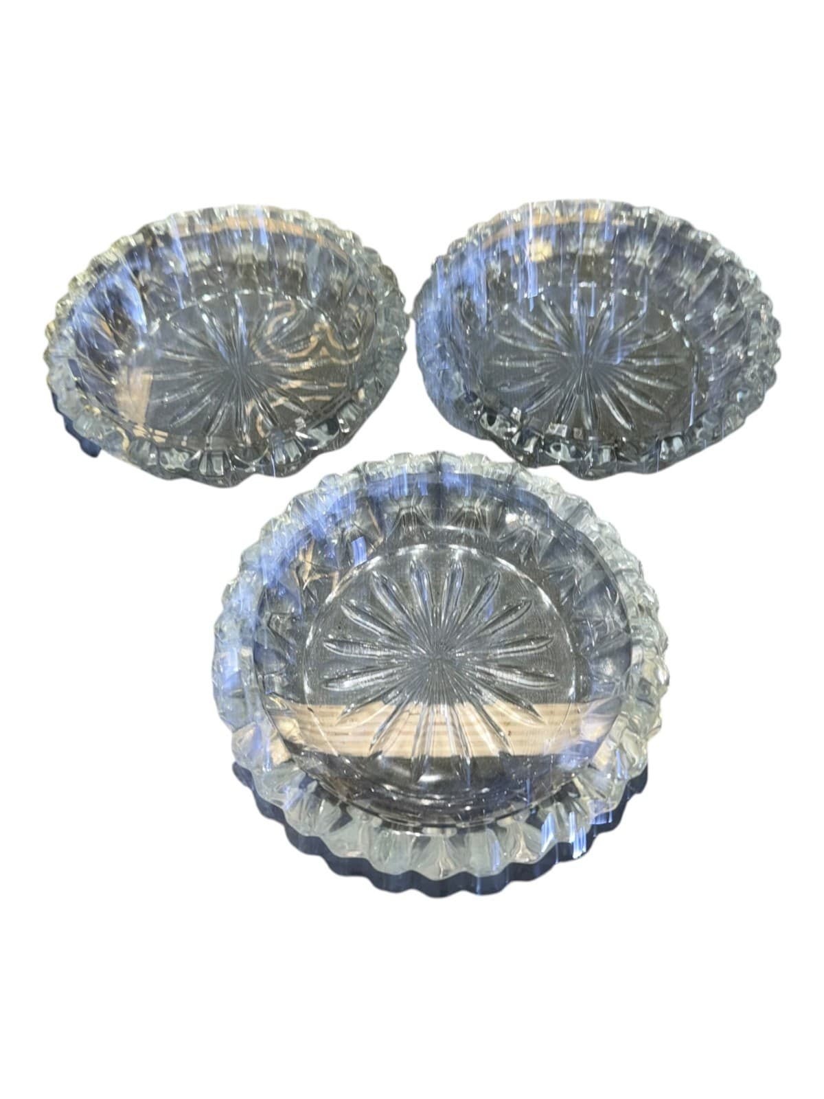 Set of 3 Vintage Ashtray Clear Glass Crystal Cut Starburst - Thumbnail 2