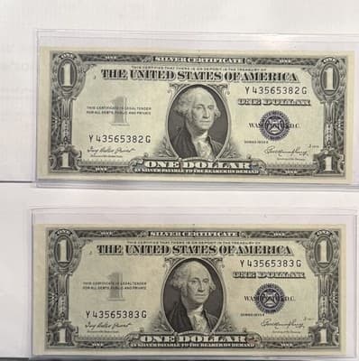 1935E $1 Silver Certificate Consecutive Pair Y43565382G 83G XF - Thumbnail 2