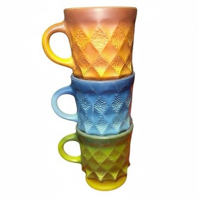 Vintage Fire-King Kimberly Mug Set of 3 Ombre Green Blue Amber Stackable - Thumbnail 2