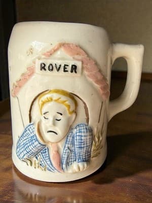 Vintage Japan “In the Doghouse” Rover Dog Figural Pun Relief Coffee Mug - Image 1