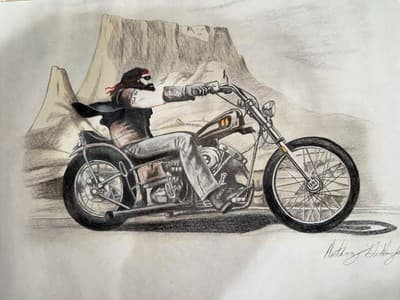 Biker Drawing - Inspired by David Mann’s Ghost Rider - Signed Motorcycle Art - Thumbnail 4