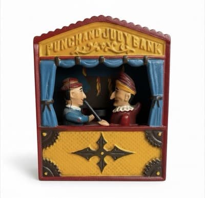 The Book of Knowledge Cast Iron Mechanical Coin Bank "Punch and Judy" - Image 1