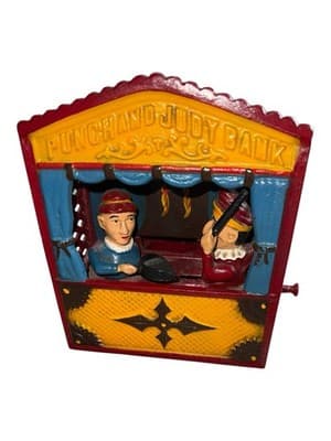 The Book of Knowledge Cast Iron Mechanical Coin Bank "Punch and Judy" - Thumbnail 7