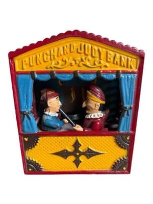 The Book of Knowledge Cast Iron Mechanical Coin Bank "Punch and Judy" - Thumbnail 2