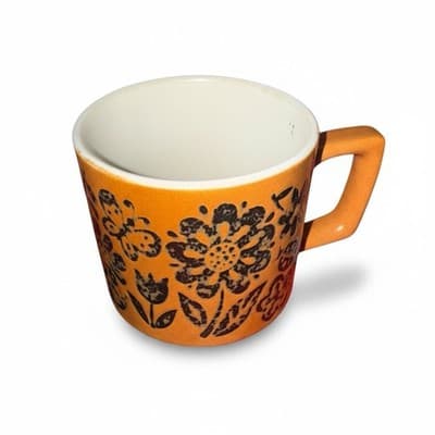 Vintage 1970s Orange Floral Stoneware Coffee Mug Flower Power Boho Japan - Thumbnail 4