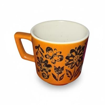 Vintage 1970s Orange Floral Stoneware Coffee Mug Flower Power Boho Japan - Image 1