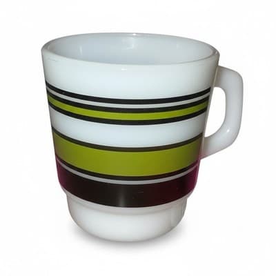Vintage Fire-King Oven-Proof 312 Stackable Mug Green Black Stripe Milk Glass - Thumbnail 2