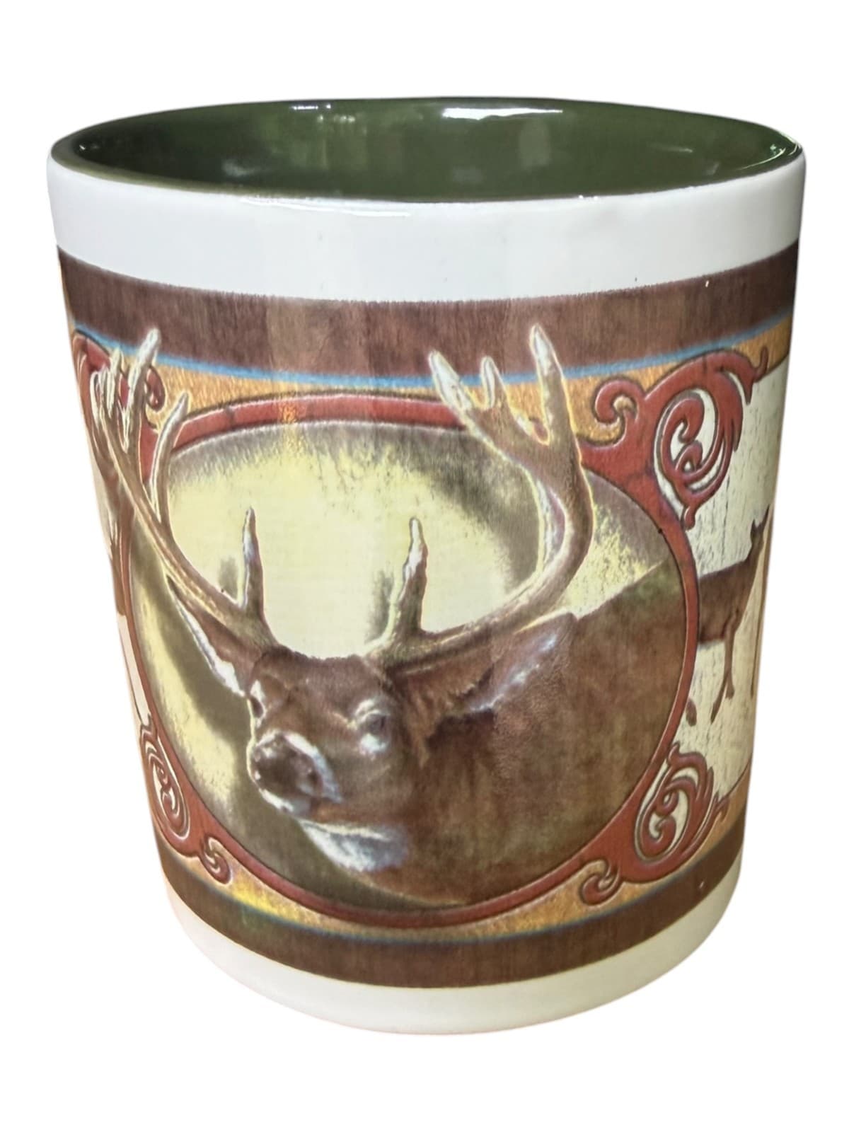 Vintage Bob Schmidt Deer Deco Buck Hunting Ceramic Coffee Mug White Brown - Image 1