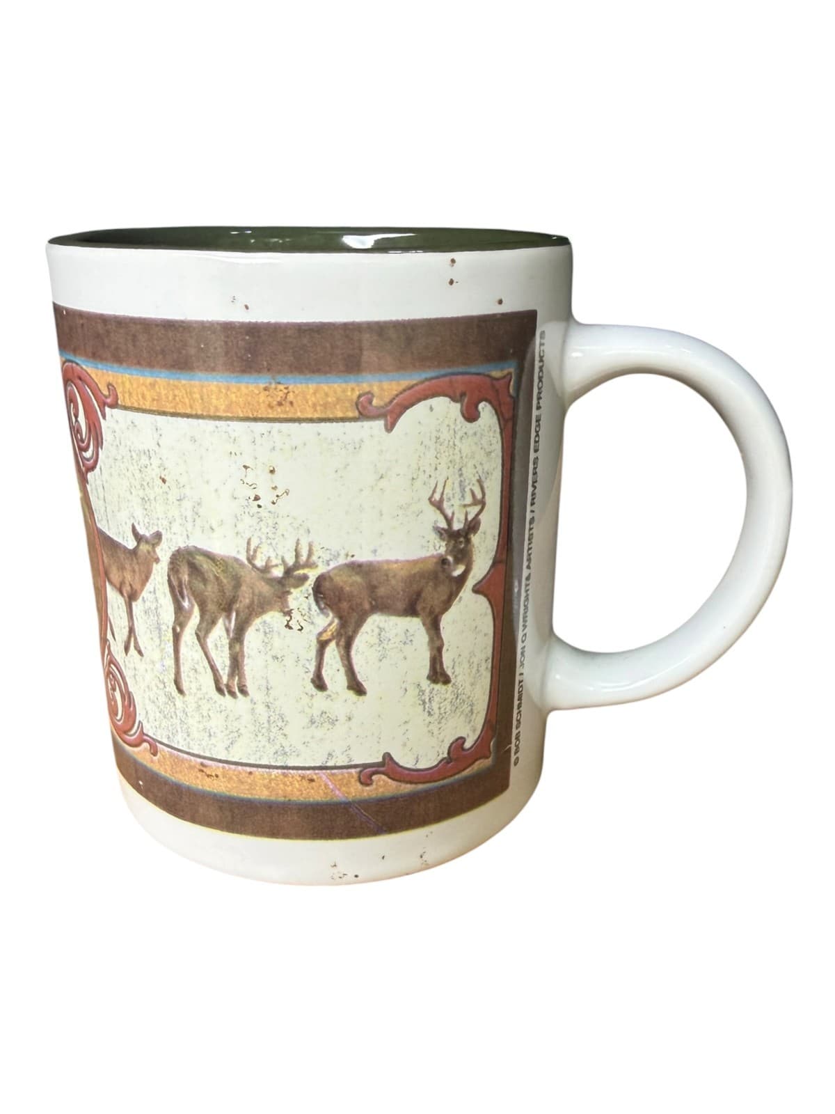 Vintage Bob Schmidt Deer Deco Buck Hunting Ceramic Coffee Mug White Brown - Thumbnail 2