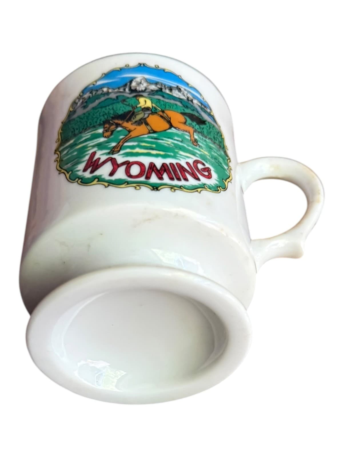 VTG Wyoming Souvenir Coffee Mug Horse Cowboy Graphics Gold Trim White Ceramic - Thumbnail 4