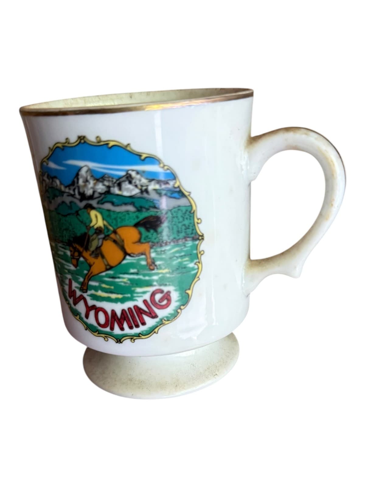 VTG Wyoming Souvenir Coffee Mug Horse Cowboy Graphics Gold Trim White Ceramic - Thumbnail 2