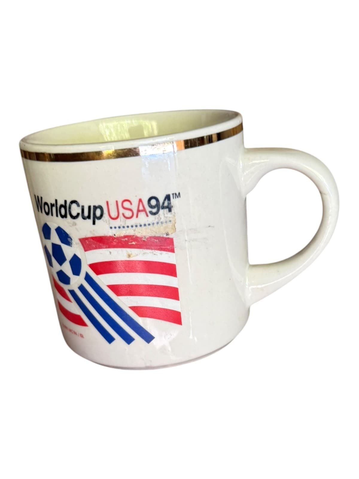 Vintage 1994 FIFA World Cup USA Coffee Mug White Gold Rim Soccer Ceramic - Thumbnail 2