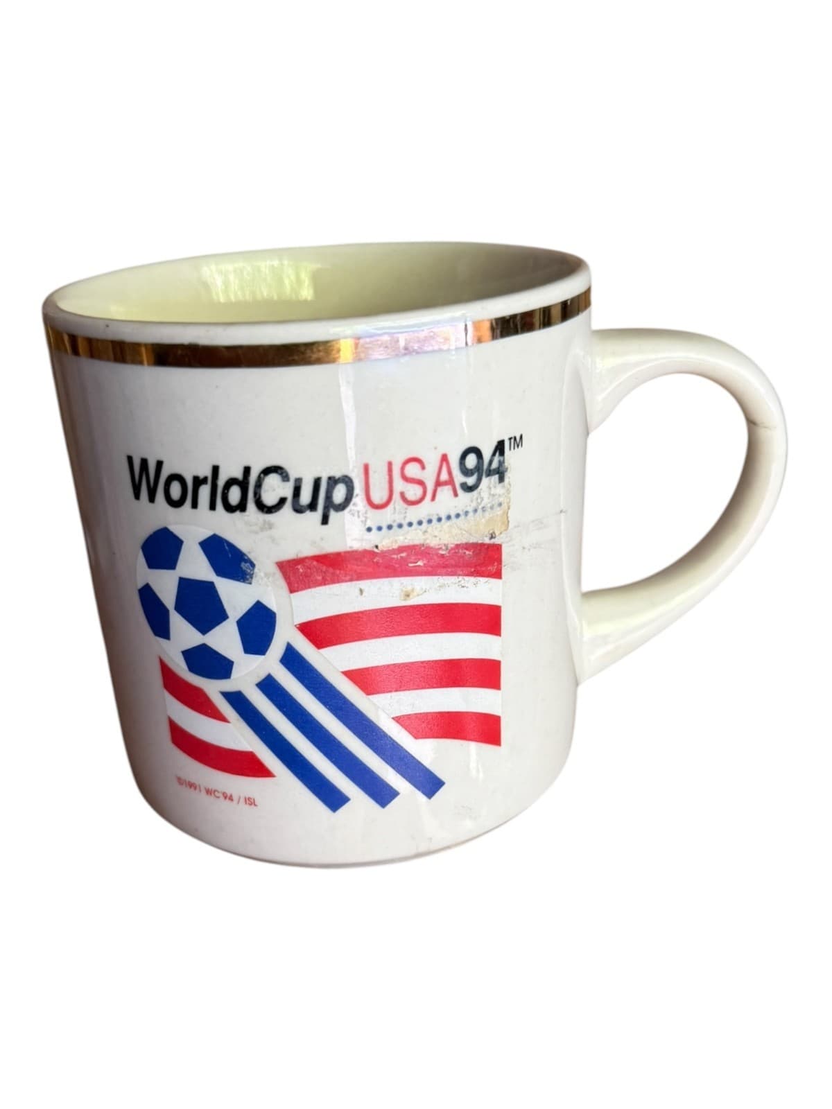 Vintage 1994 FIFA World Cup USA Coffee Mug White Gold Rim Soccer Ceramic - Image 1