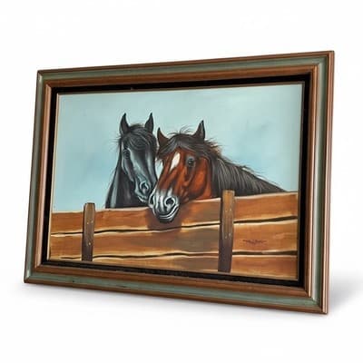 Vintage Oil Painting: Affectionate Black & Chestnut Horses Over Rustic Fence - Image 1