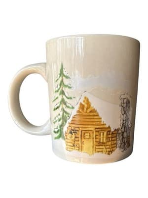 Vintage Rustic Log Cabin Stoneware Coffee Mug Winter Lodge Cabin Scene - Image 1