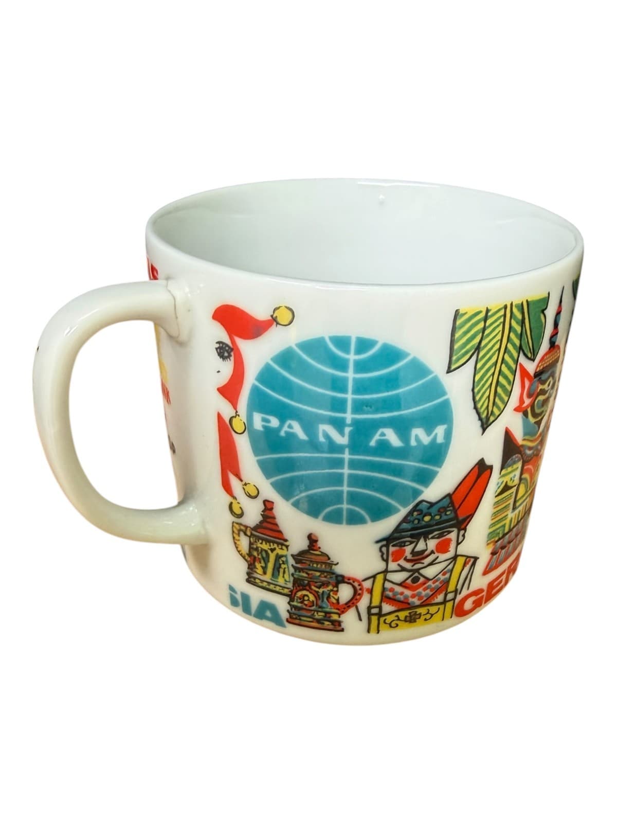 Vintage Pan Am Airlines World Travel Coffee Mug Cup London Delhi Bangkok Rome - Image 1