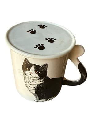 1980’s Black Cat Ceramic Coffee Mug With Coaster Lid Japan Cute Kitty Handle