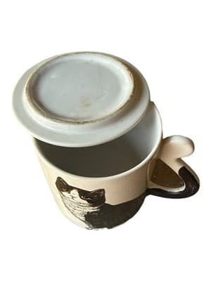 1980’s Black Cat Ceramic Coffee Mug With Coaster Lid Japan Cute Kitty Handle - Thumbnail 5